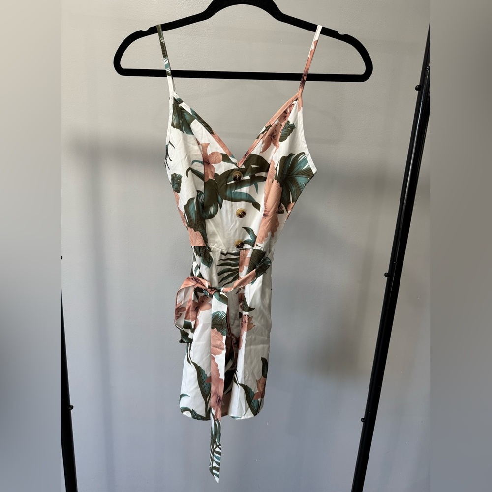 SHEIN Floral Print Jumpsuit - White and Green